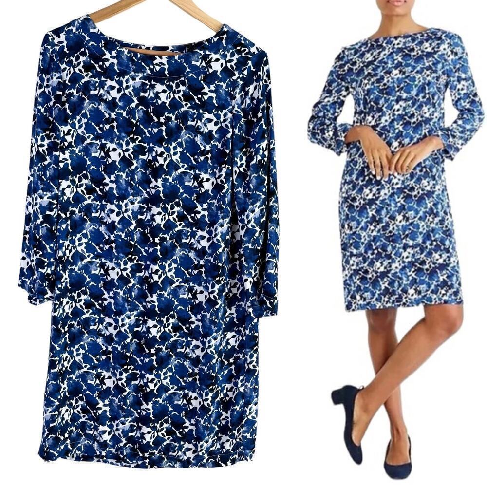 J.Crew Indigo Blue Floral Shift Dress 3/4 Sleeves,‎ Size Small